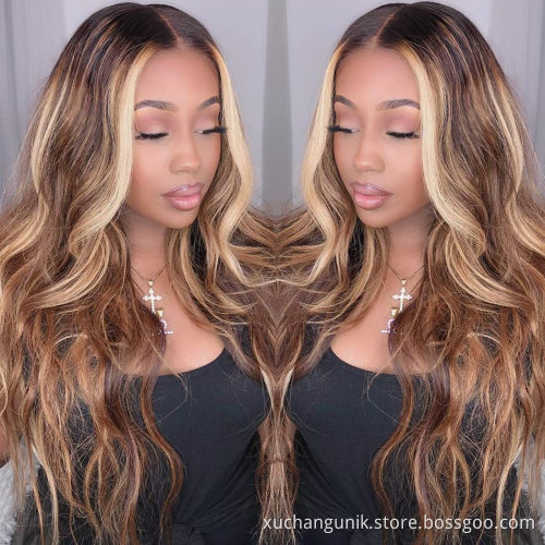 Uniky 13x4 lace frontal piano highlights bodywave wig dark brown wig with blonde highlights chocolate highlight human hair wig